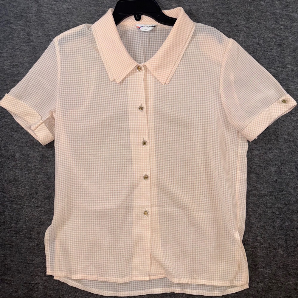 Vintage Reebok Women Walking Tech Gingham Button Up Short Sleeve Blouse Top XL